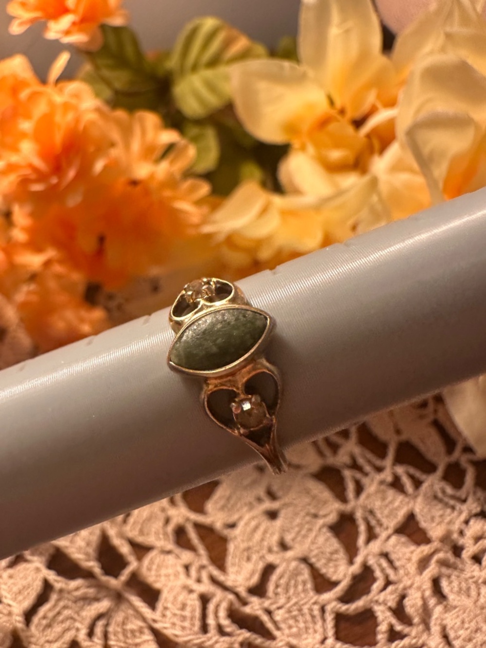 Vintage Avon 18K Gold Electroplate Marquise Green Jade-Style Ring